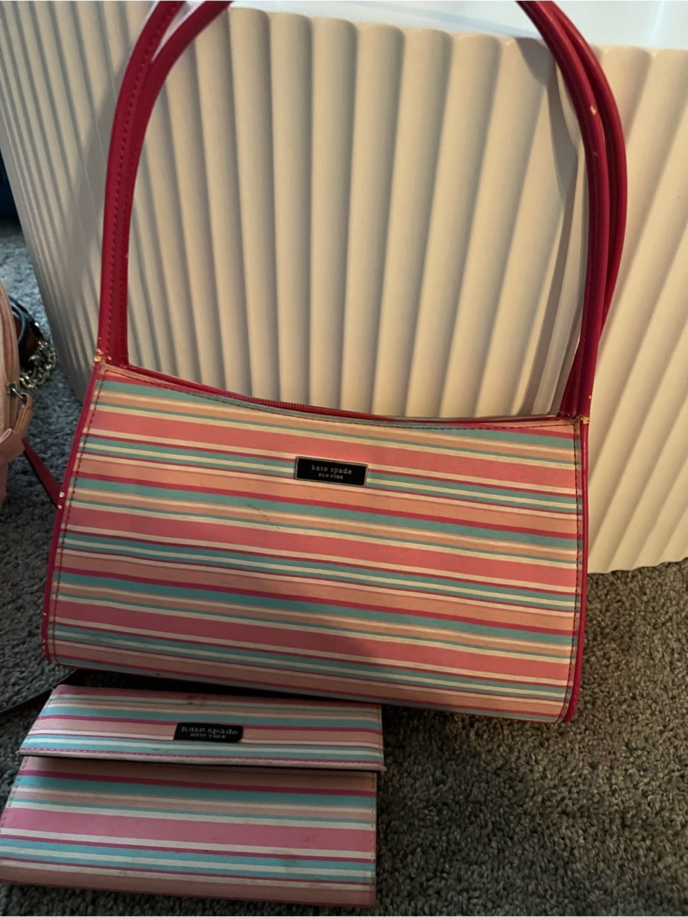 kate spade Pink & Aqua Stripe Shoulder Bag with Matching Wallet